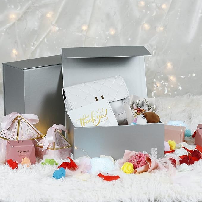 MOYEUPAC Silver Gift Box,9" X 7" X 4" with Lids for Presents Magnetic Closure Gift Packaging for Christmas, Halloween, Birthday and Various Holidays