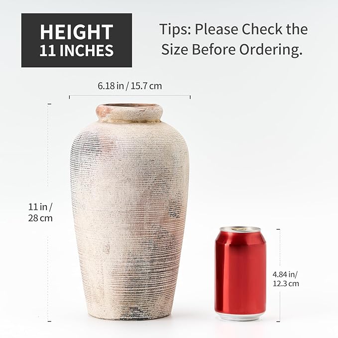 Large Ceramic Rustic Vase, 11 inch Minimalist Decorative Farmhouse Tall Vase for Home Decor, Living Room, Shelf Decor, Enterway, Wedding, Table Decoration, Gray