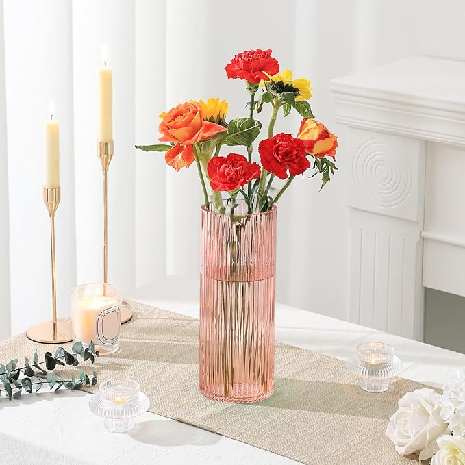 Pink Glass Vase for Flowers Ribbed Glass Vase, Pink Flower Vase, Tall Cylinder Glass Vases for Centerpieces, Living Room, Bedroom, Dining Table, Office, Wedding, Bookshelf Decoration,10 Inches