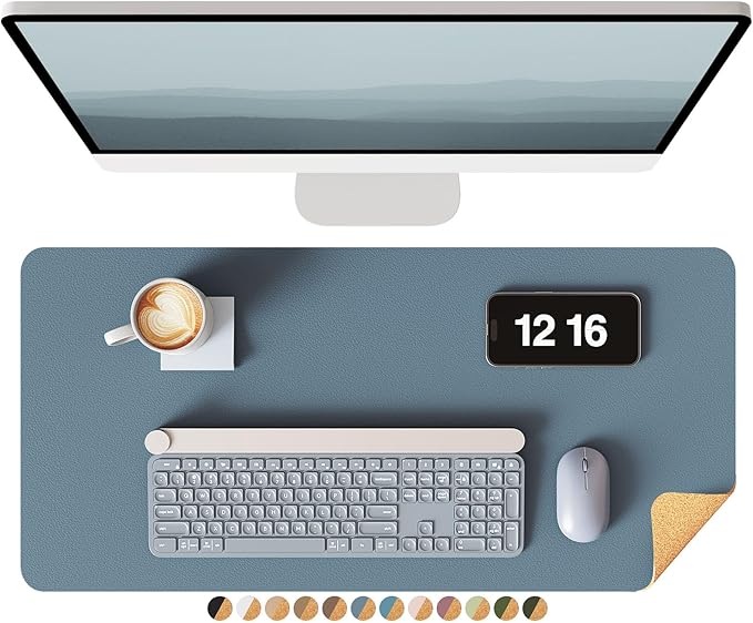 YSAGi Double-Sided Desk Pad, Leather Desk Mat, Eco Cork Desk Pad Protector, Large Mouse Pad for Desk, Waterproof Desk Blotter Pad, Desk Writing Pad for Office Work/Home(23.6"x13.7",Cork+Blue Grey)