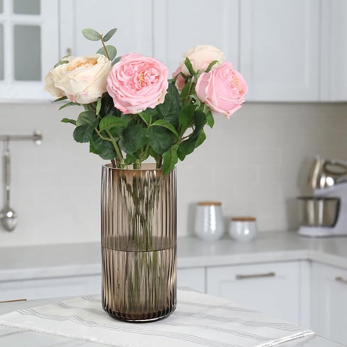 Thick Amber Glass Vase for Flowers, 10 Inch Tall Ribbed Flower Vase for Bouquet, Countertop, Bathroom Vanity, Living Room Decorative Vases for Flowers, Kitchen Shelf, Dining Table, Entryway