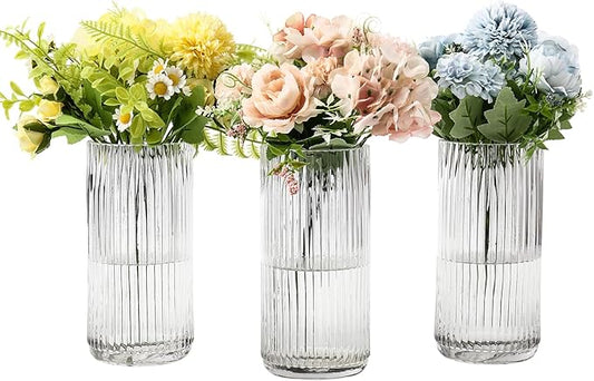 Clear Glass Vases, Flower Vases Set of 3, Ribbed Glass Vase for Tulips, Tall Cylinder Glass Vases for Living Room, Bedroom, Dining Table, Office, Wedding, Bookshelf Decoration, 8 Inches