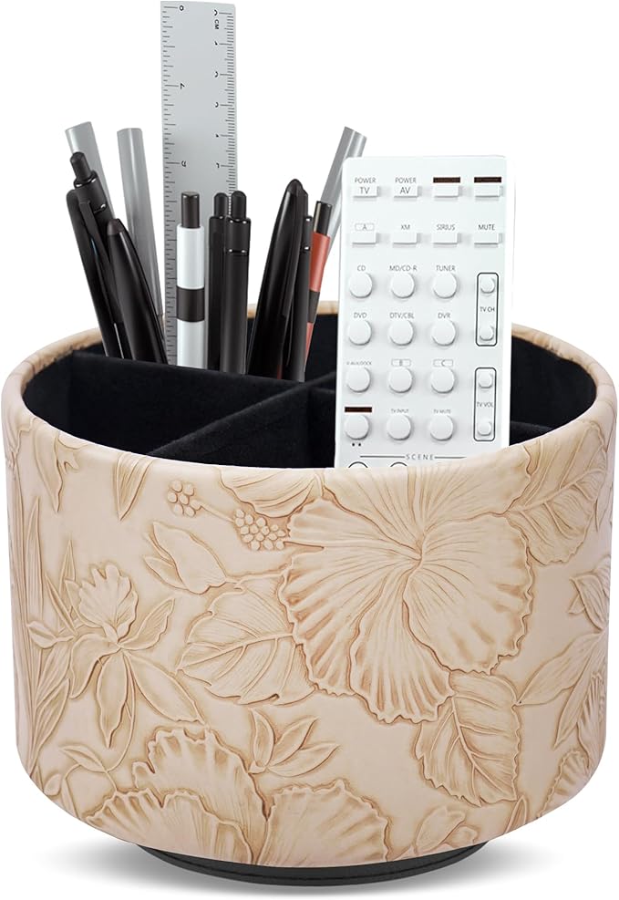 Hennaja Round Leather Art Supply Organizer,Remote Control Holder,360 Degree Spinning,Multi-Functional Pencil Holder,4 Compartments Desktop Stationary Organizer(1-Carved Light Brown)