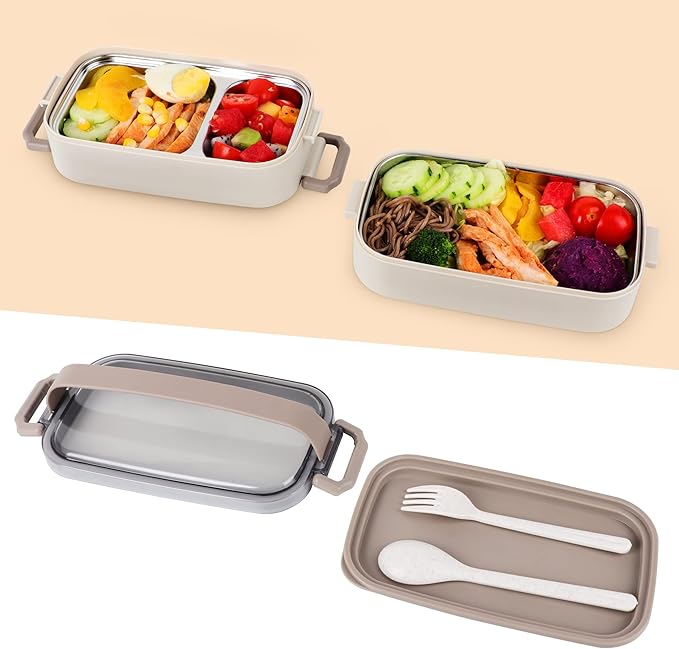 Stainless Steel Bento Box for Adults&Kids,Japanese Leakproof Lunch Box Divided Food Meal Storage Containers Set Stackable 2 Layer for Children School Picnic Beige