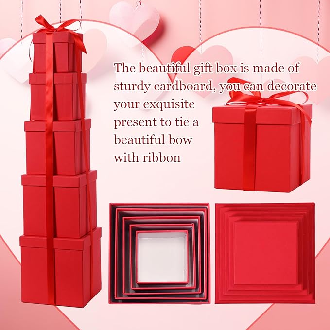 Cholemy 5 Pcs Square Nesting Boxes Decorative Gift Boxes with Lid and Ribbon Assorted Sizes Wrap for Wedding, Thanksgiving, Christmas, Anniversary, Birthday, Bridal Party(Bright Red)