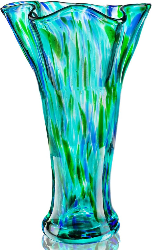 Green Blown Glass Vase for Flowers, 9.6" Teal Vase for Home Decor, Modern Art Flower Vases Decorative Table Centerpiece, Wedding, Living Room, Bookshelf, Entryway, Gift for Women Mom