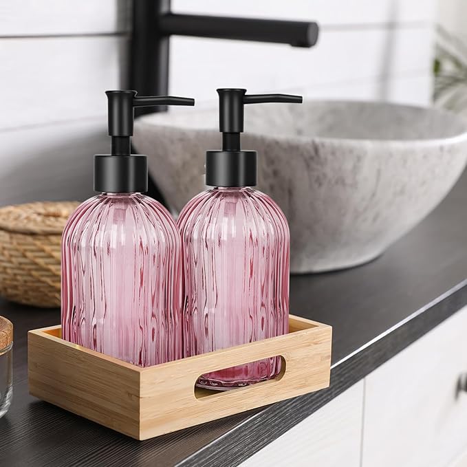 Glass Soap Dispenser with Plastic Pump, Hand Soap Dispenser for Hand Wash, Lotion Dispenser for Dishwashing Liquid, Lotion Shower Gel (Striped Pink)