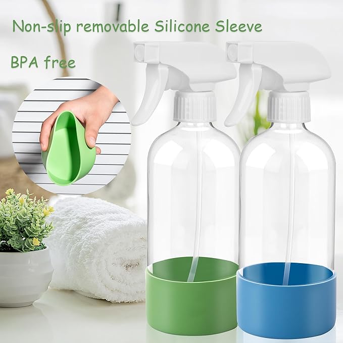 UUJOLY Plastic Spray Bottle Trigger Empty Spray Bottles Clear Refillable Container for Water, Essential Oils, Hair, Cleaning Products, Adjustable Head Sprayer and Stream, Green + Light Blue + Purple