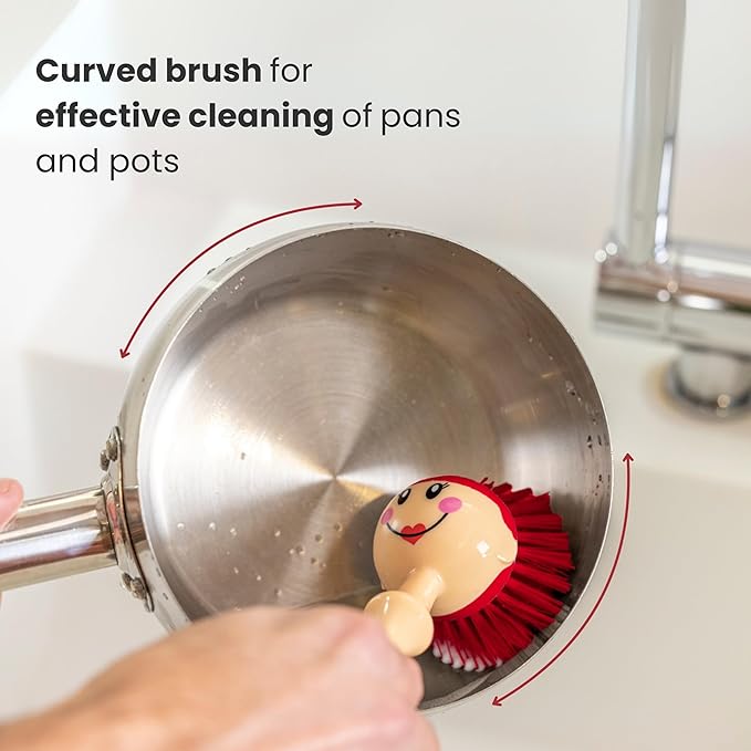 Vigar Dolls Dish Brush with Ergonomic Handle and Dres-shaped Storage Holder - Scrub Brush for Pans, Pots, Kitchen Sink Cleaning, Blue/Pink