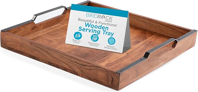 BIRDROCK HOME Wooden Serving Tray with Handles - Farmhouse Decor - Square Top Breakfast Trays - Tea Cheese Board - Coffee Table - Natural Acacia Wood - Kitchen - Bar