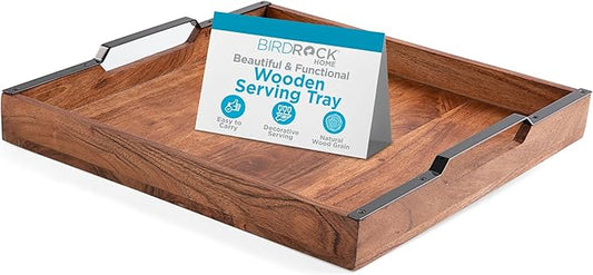 BIRDROCK HOME Wooden Serving Tray with Handles - Farmhouse Decor - Square Top Breakfast Trays - Tea Cheese Board - Coffee Table - Natural Acacia Wood - Kitchen - Bar