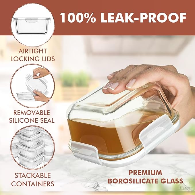 Razab 35 Pc Set Glass Food Storage Containers with Lids - Meal Prep Airtight Bento Boxes BPA-Free 100% Leak Proof (15 lids,15 glass & 5 Plastic Sauce/Dip Containers)