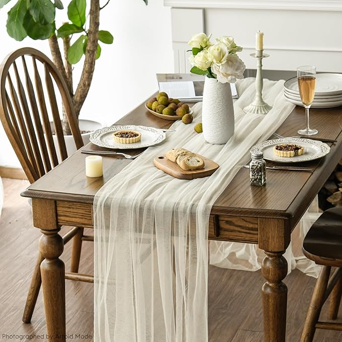 Artoid Mode Beige Gauze Table Runner 120 Inch 10FT, Seasonal Sheer Kitchen Dining Holiday Wedding Birthday Baby Shower Table Decor for Home Party