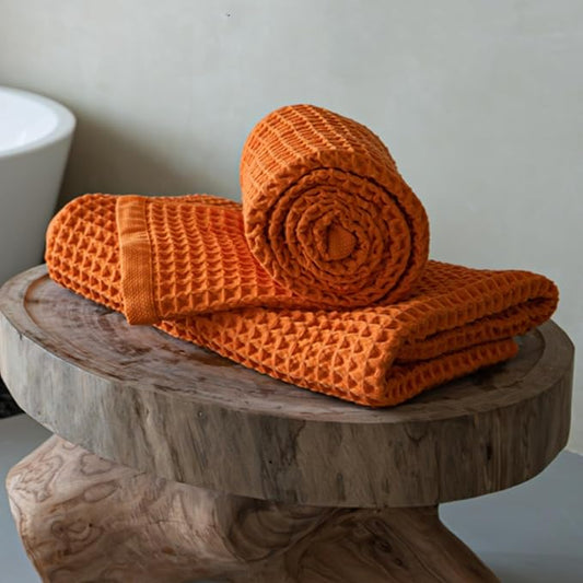 Luxury Japanese Cotton Waffle Bath Towel | Plush, Absorbent, and Quick Dry | Free Storage Bag Included (Coral Orange, Bath Sheet (2 Pack))