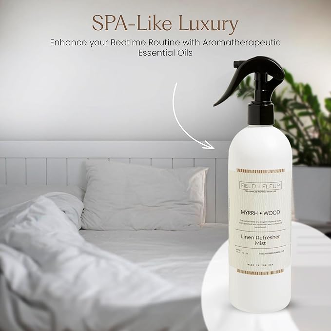 FIELD FLEUR Myrrh Wood Linen & Room Spray 15.5 oz - Aromatic & Refreshing Bedding & Fabric Mist - Air Freshener for Clothes & Sofas - Notes of Patchouli, Myrrh, Amber & Sandalwood - Made in USA