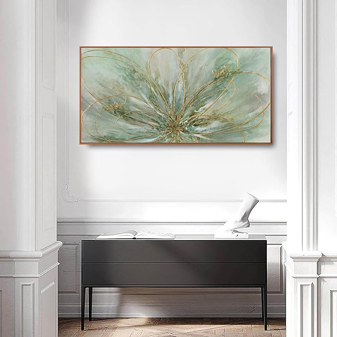 YJYart Green Abstract Canvas Artwork Flowers Wall Decor for Office Line Art Painting 24"x 48" Pictures for Bedroom Dining Room Neutral Wall Art