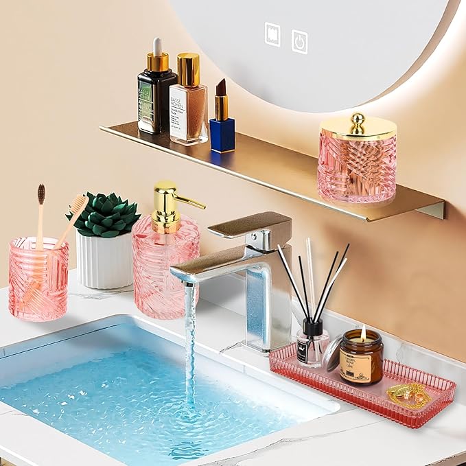 Bathroom Accessories Set,4 Pcs Pink Glass Bathroom Accessories Sets Complete with Lotion Soap Dispenser,Toothbrush Holder,Qtip Holder Dispenser and Vanity Tray,Bathroom Countertop Vanity Organizer