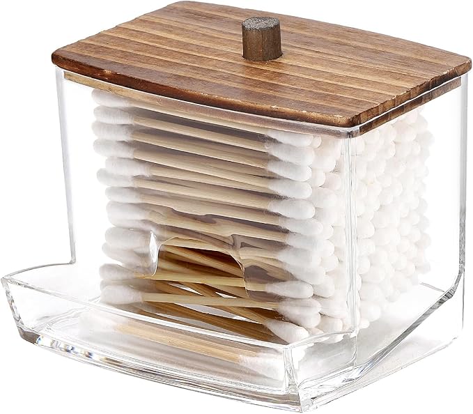 Tbestmax 10oz Qtip Holder Dispenser with Black Wood Lids, Big Cotton Swab Holder Bathroom Accessories Organizer for Storage-Qtips Cotton Ball, Floss Container