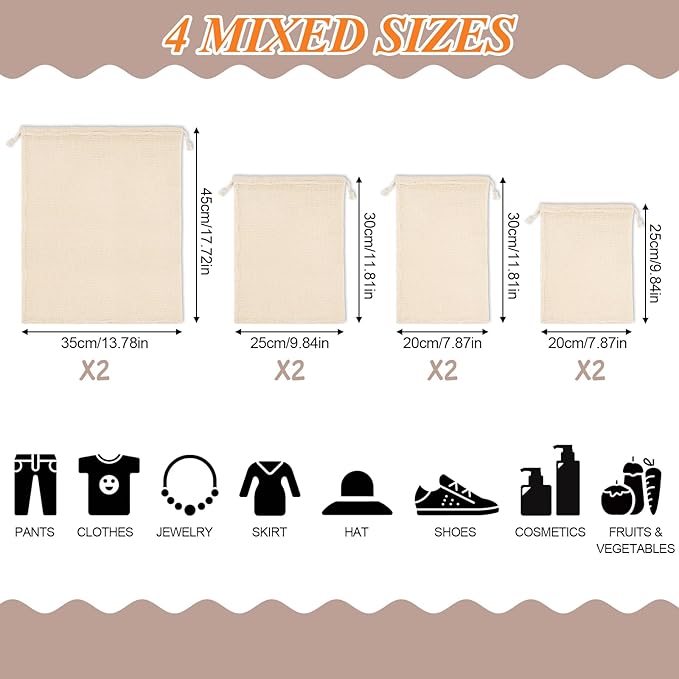 PEASUG 8 Pack Reusable Produce Bags Grocery Washable, Cotton Mesh Vegetable Bags for Refrigerator Grocery Fruits and Veggies Shopping, Transporting Storing (2XL,2L,2M,2S)