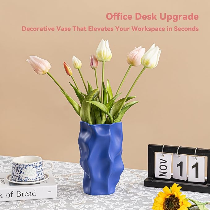 Klein Blue Ceramic Vase with Organic Wave Texture - 8.3" Unique Flower Vase for Pampas Grass & Centerpieces, Decorative Boho/Farmhouse Vase for Living Room, Office Desk & Gift for Her/Yourself