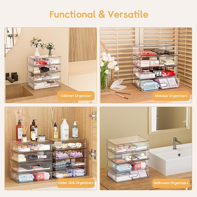 2 Pack Clear Makeup Storage Drawer, 12.1''W Stackable Bathroom Organizers and Storage Drawer, Acrylic Cosmetic Display Case For Vanity, Undersink, Cabinets, Desk Organizer