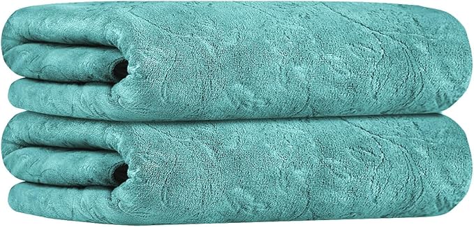 JML Microfiber Bath Towels, 2 Pack, 30" x 60", Oversized, Large, Soft, Super Absorbent and Fast Drying Bathroom Towel Set for Sport, Fitness, Yoga (Green-Floral Embossed)