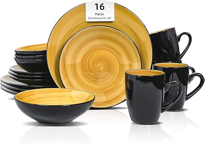 Sonoma 16 Piece Stoneware Dinner Set, Outside Black + Inside Handpainted Color Yellow with speckle
