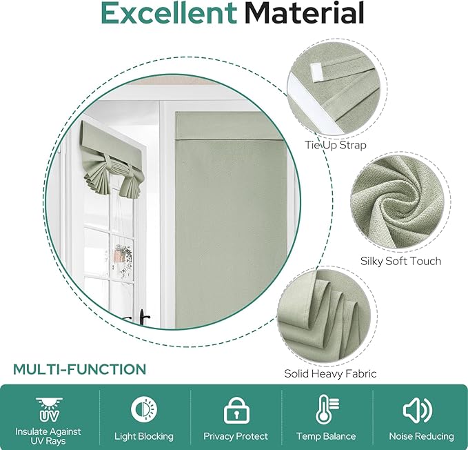 HOMEIDEAS 100% Sage Green Linen Blackout French Door Curtains, Privacy Door Window Curtains, 30 X 68 Inch Room Darkening Blinds, Thermal Insulated Shades for Bedroom, 1 Panel