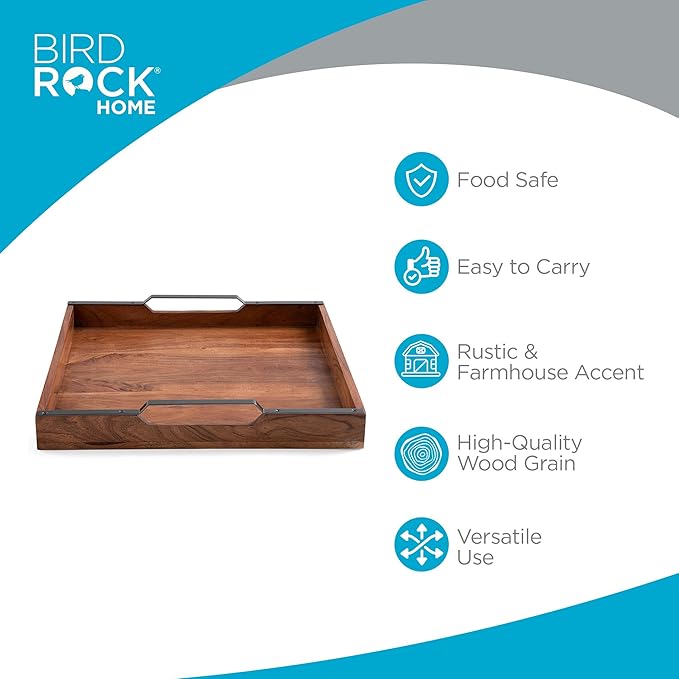 BIRDROCK HOME Wooden Serving Tray with Handles - Farmhouse Decor - Square Top Breakfast Trays - Tea Cheese Board - Coffee Table - Natural Acacia Wood - Kitchen - Bar