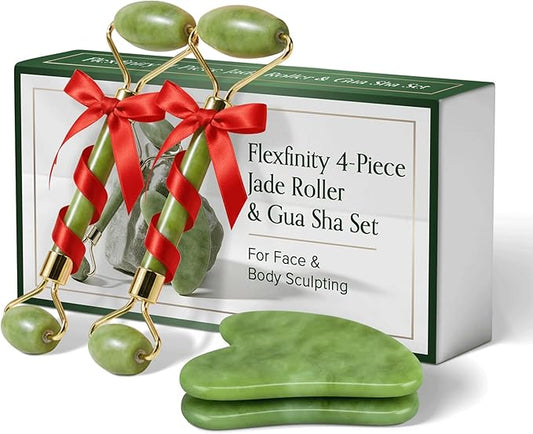 4-Piece Body Roller Jade & Authentic Jade Roller and Gua Sha Set for Face and Body Sculpting, Puffiness Reduction, Lymphatic Support, and Relaxing Spa Massage