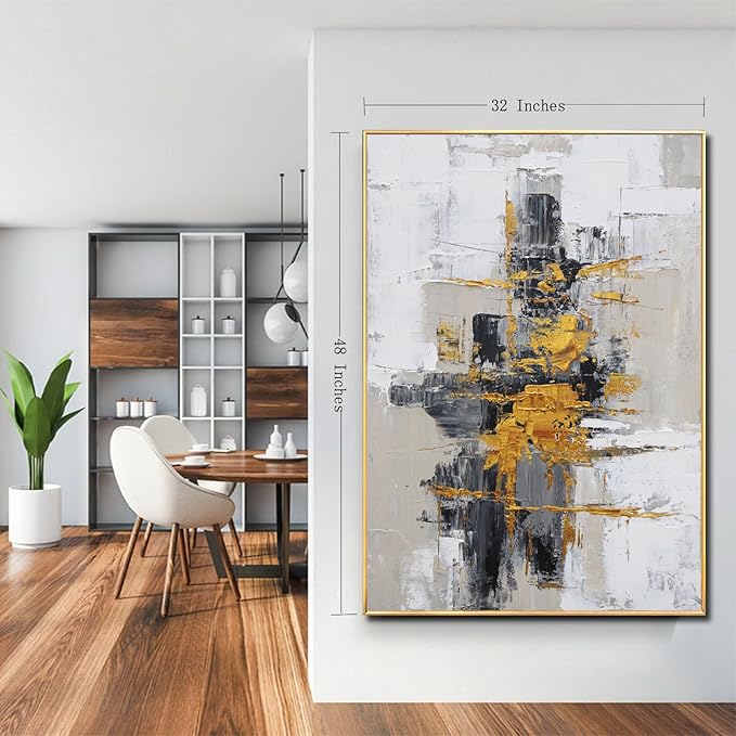 Hand-Painted Abstract Living Room Wall Art,Framed Large Black and White Canvas Oil Painting for bedroom,3D Gold Thick Textrued Abstract Wall Decor for Office Home Decoration 32x48 inches