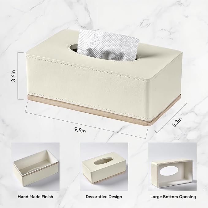 Rectangular Tissue Box Cover for Bathroom,Livingroom,Bedroom, Hand Carved Leather Resin Tissue Box Holder,10 x 5.7 x3.7 in, Beige
