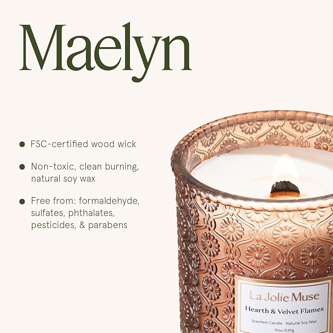 LA JOLIE MUSE Christmas Candles | Hearth & Velvet Flames | Saffron, Clove & Vanilla | 19 oz Large Wooden Wick Soy Candle | 90-Hour Clean Burn | Holiday Candle Gift | Gift-Ready for Hosts & Festive Gat
