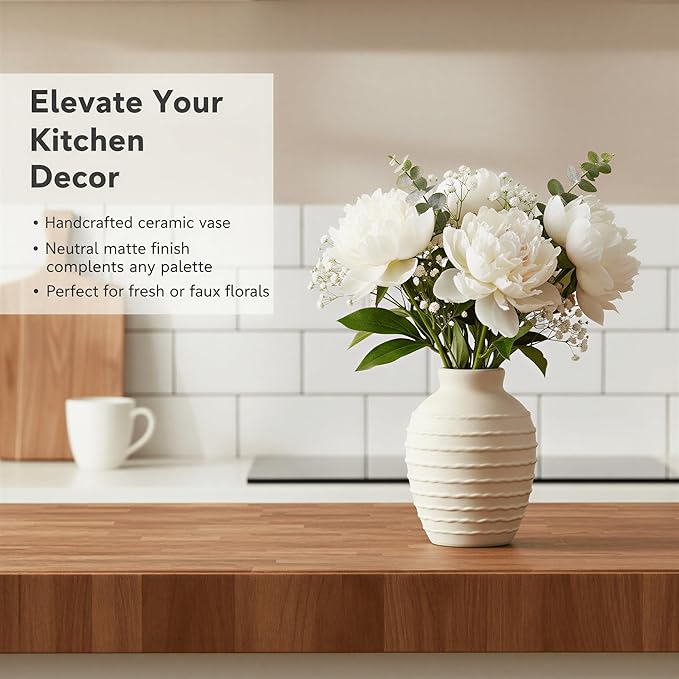 6.6-Inch Off-White Ceramic Flower Vase, Rustic Farmhouse Boho Pottery Centerpiece for Table, Living Room & Shelf