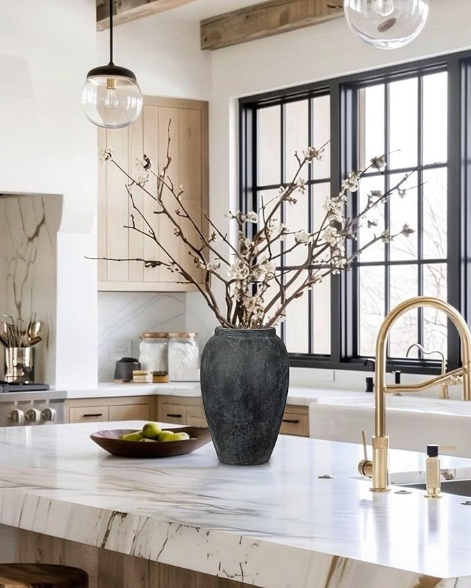 Handcrafted Flower Vase, 10.5" Tall Terracotta Vintage Black Ceramic Vases, Rustic Antique Vase Décor, Wide Mouth, Matte Finish for Home Office Resto Café Décor