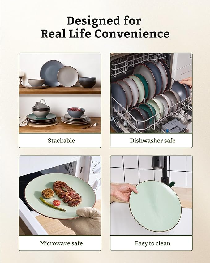 Famiware Venus Ceramic Plates and Bowls Sets, Speckled Dinnerware Dish Sets for 8 (24 Pieces) - Microwave and Dishwasher Safe, Matte Light Green