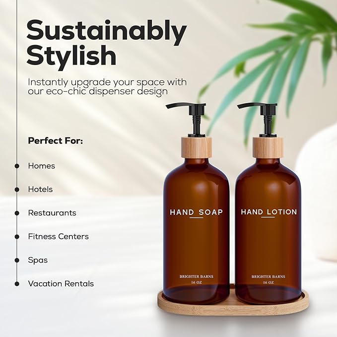Amber Glass Soap and Lotion Dispenser Set with Tray by Brighter Barns - Hand Soap Dispenser Bathroom Set - Glass Bottles with Pump - Bamboo Home Accessories & Modern Bathroom Decor for Airbnb (Amber)