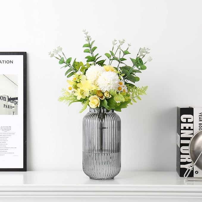 Ribbed Glass Vase, Black Flower Vase for Bouquet, Glass Vases for Flowers, Modern Vases for Living Room, Bedroom, Kitchen, Dining Table, Office, Wedding, 8.6 Inches