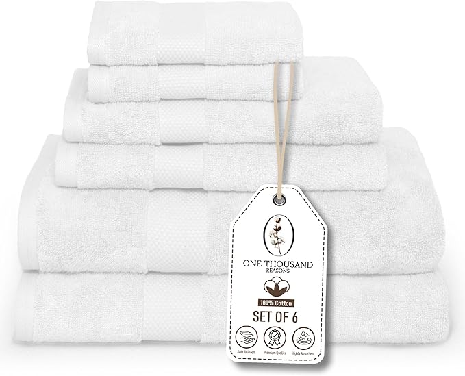 Premium Staple Cotton Bathroom Towel Set - White 600 GSM 6-Piece Luxury Bath Towel Set 1 Stripe - 2 Bath Towels, 2 Hand Towels & 2 Washclothes Set - High Absorbent & Quick Dry for Gym, Spa, Hotel