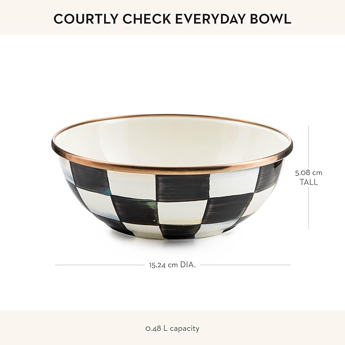 MACKENZIE-CHILDS Enamel Everyday Bowl, Serving Bowl for Entertaining, Extra-Small, Black-and-White Courtly Check, Set of 1