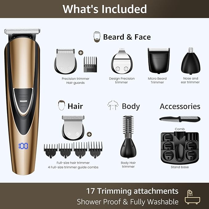SHPAVVER Beard Trimmer for Men: Professional Barber Hair Clippers - 12-in-1 Cordless Grooming Kit - Waterproof Electric Razor with Turbo Speed & Precision Blades, Gold