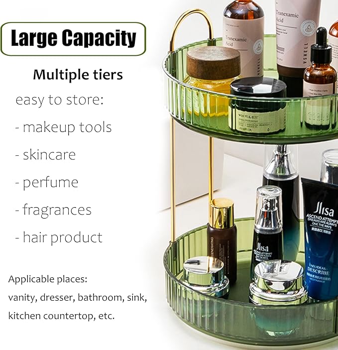 Rotating Makeup Organizer Countertop 2 Tier Lazy Susan Trays Clear Skincare Perfume Storage for Bathroom Counter Vanity, Green Gold