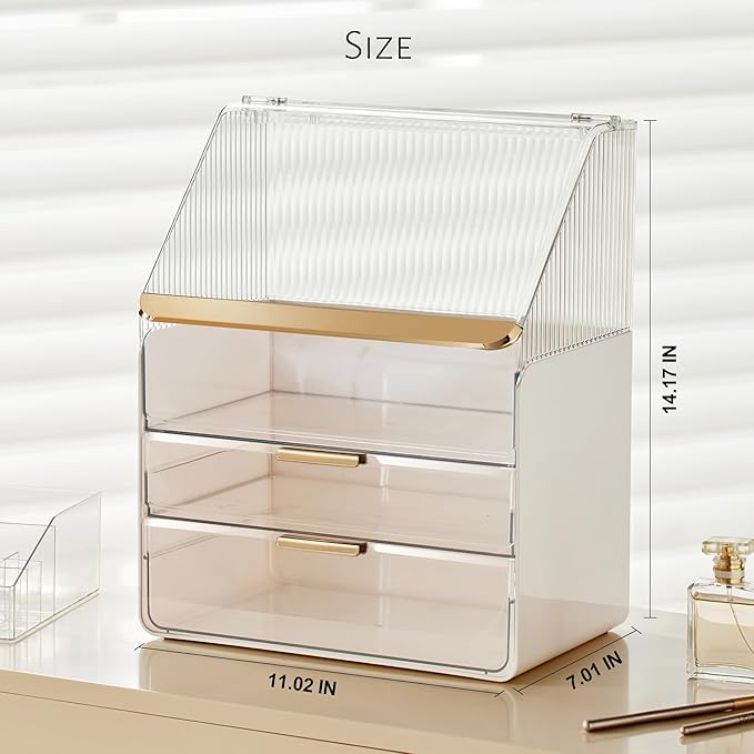 JOYMOOP Makeup Organizer with Transparent Cover, Skincare, Lipstick and Perfume Storage, Cosmetic Organizer, Makeup Box for Bathroom Countertop or Vanity Desk, White & Gold