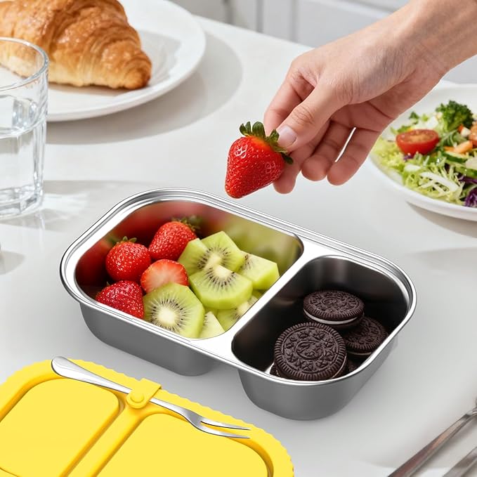 Stainless Steel Snack Containers with Silicone Lids, 2 Pack Reusable 2 Compartment Food Storage Containers, Snackle Box Container Leak-Proof Metal Bento Lunch Box for School, Travel, Home