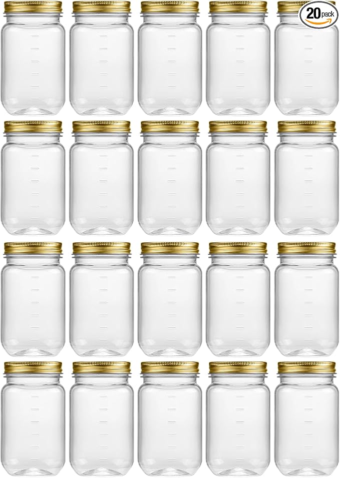 novelinks 16 oz Clear Plastic Jars with Screw-On Lids - BPA-Free Refillable Storage Containers for Slime, Food, Crafts, Kitchen & Household Use (20 Pack,Gold)