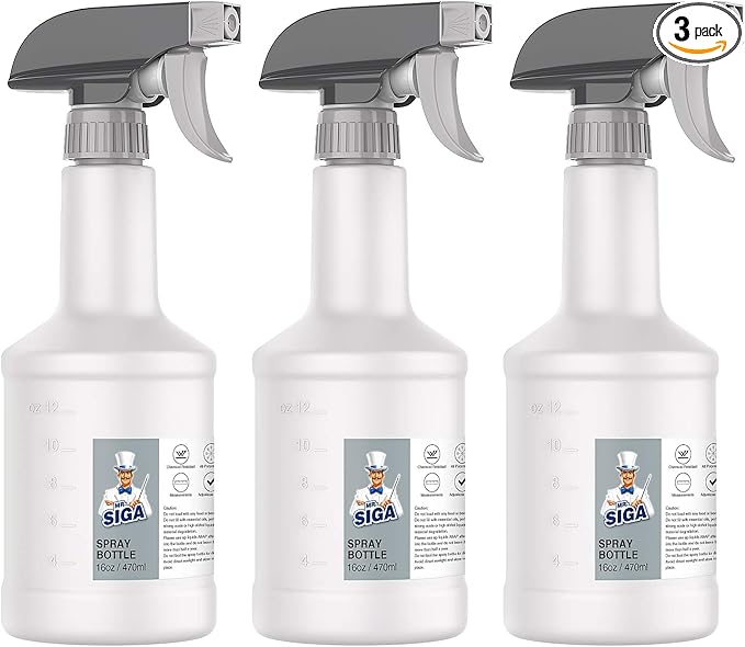 MR.SIGA 16 oz Empty Plastic Spray Bottles for Cleaning Solutions, Heavy Duty Household Reusable Spray Bottles with Measurements and Adjustable Leak Proof Nozzle, 3 Pack