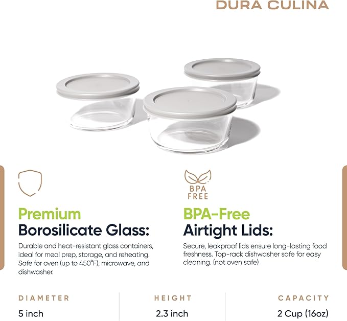 DURA LIVING 6-Piece Glass Food Storage Containers Set (3 Containers + 3 BPA-Free Lids) | 2-Cup, Leakproof | Microwave, Freezer, Oven & Dishwasher Safe | Ideal for Meal Prep & Pantry Organization