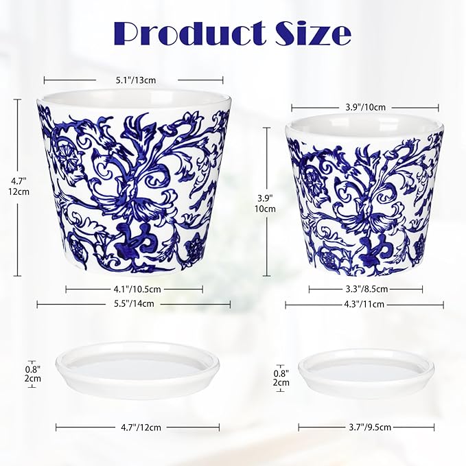 Blue and White Ceramic Planters Pots, Ceramic Flower Pots with Drainage Hole & Saucer, Indoor/Outdoor Ceramics Plant Pot for Succulents, Cactus, Flowers, Garden Home Tabletop Decor, 5+4 Inch Set of 2