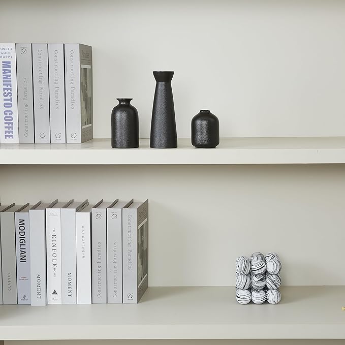 Black Ceramic Vase Set of 3,Small Boho Vase for for Decor,Matte Frosted Texture Finish,Modern Rustic Farmhouse Home Decor,Decorative vase for Pampas Grass&Dried Flowers,Shelf,Table,Mantel,Entryway
