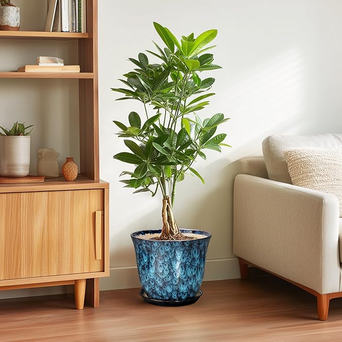 10 Inch Plant Pot - Ceramic Planter with Drainage Hole and Saucer, Round Flower Pots for Indoor Outdoor, Modern Decorative Planter for Plants, Home Office Decor, Plant Lover Gifts, Blue